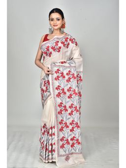 Ramshyam Collection - Womens Kantha Silk Embroidered Thread Work Ivory Saree with Unstitched Blouse