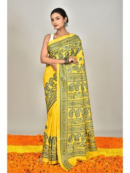 Ramshyam Collection - Womens Kantha Silk Embroidered Thread Work Yellow Saree with Unstitched Blouse