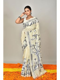 Ramshyam Collection - Womens Kantha Silk Embroidered Thread Work Cream Saree with Unstitched Blouse