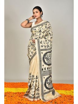 Ramshyam Collection - Womens Kantha Silk Embroidered Thread Work Cream Saree with Unstitched Blouse