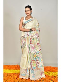 Ramshyam Collection - Womens Kantha Silk Embroidered Thread Work Cream Saree with Unstitched Blouse