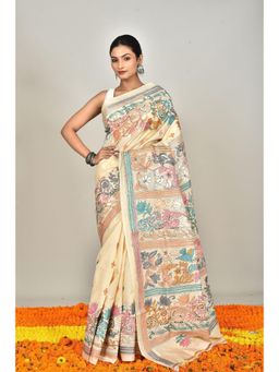 Ramshyam Collection - Womens Kantha Silk Embroidered Thread Work Cream Saree with Unstitched Blouse