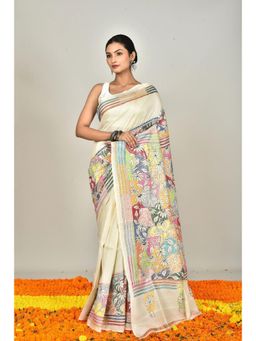Ramshyam Collection - Womens Kantha Silk Embroidered Thread Work Cream Saree with Unstitched Blouse