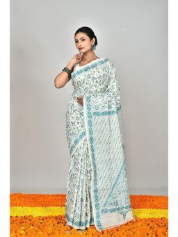 Ramshyam Collection - Womens Kantha Silk Embroidered Thread Work White Saree with Unstitched Blouse