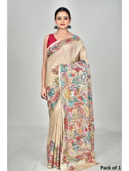 Ramshyam Collection - Womens Kantha Silk Embroidered Thread Work Beige Saree with Unstitched Blouse