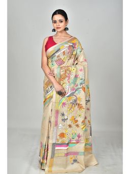 Ramshyam Collection - Womens Kantha Silk Embroidered Thread Work Beige Saree with Unstitched Blouse