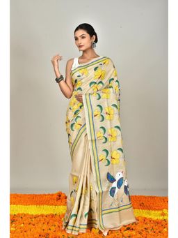 Ramshyam Collection - Womens Kantha Silk Floral Beige Saree with Unstitched Blouse