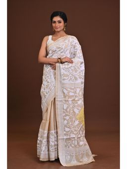 Ramshyam Collection - Womens Silk Embroidered Thread Work Beige Saree with Unstitched Blouse