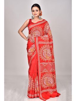 Ramshyam Collection - Womens Kantha Silk Embroidered Thread Work Red Saree with Unstitched Blouse