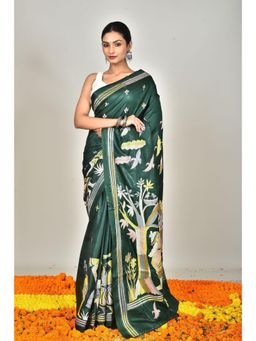 Ramshyam Collection - Womens Kantha Silk Embroidered Thread Work Green Saree with Unstitched Blouse