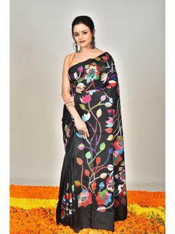 Ramshyam Collection - Womens Kantha Silk Printed Black Saree with Unstitched Blouse