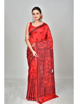 Ramshyam Collection - Womens Kantha Silk Embroidered Thread Work Red Saree with Unstitched Blouse