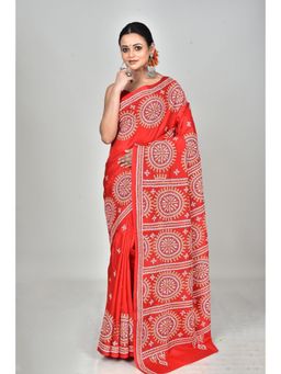 Ramshyam Collection - Womens Kantha Silk Printed Red Saree with Unstitched Blouse