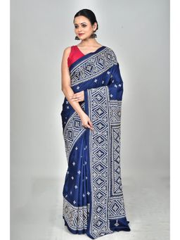 Ramshyam Collection - Womens Kantha Silk Printed Blue Saree with Unstitched Blouse