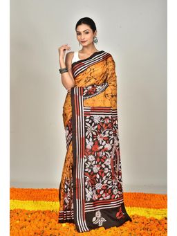 Ramshyam Collection - Womens Kantha Silk Printed Thread Work Mustard Saree with Unstitched Blouse