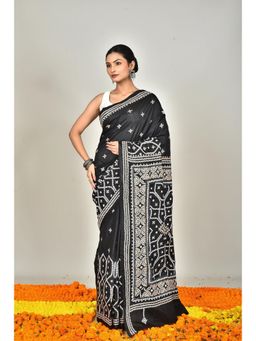 Ramshyam Collection - Womens Kantha Silk Printed Black Saree with Unstitched Blouse