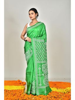 Ramshyam Collection - Womens Kantha Silk Printed Green Saree with Unstitched Blouse