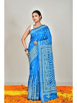 Ramshyam Collection - Womens Kantha Silk Printed Blue Saree with Unstitched Blouse