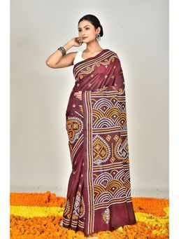 Ramshyam Collection - Womens Kantha Silk Printed Wine Saree with Unstitched Blouse