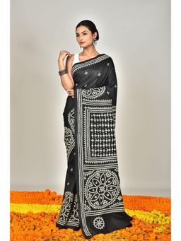 Ramshyam Collection - Womens Kantha Silk Printed Black Saree with Unstitched Blouse
