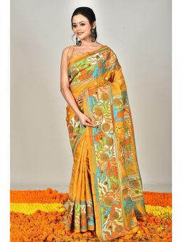 Ramshyam Collection - Womens Kantha Silk Floral Thread Work Mustard Saree with Unstitched Blouse