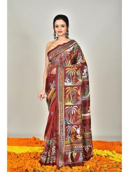 Ramshyam Collection - Womens Kantha Silk Embroidered Thread Work Maroon Saree with Unstitched Blouse