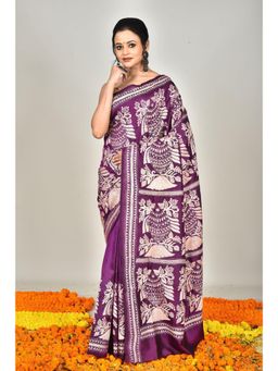 Ramshyam Collection - Womens Kantha Silk Embroidered Thread Work Purple Saree with Unstitched Blouse