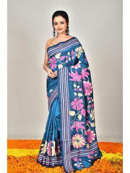 Ramshyam Collection - Womens Kantha Silk Embroidered Thread Work Blue Saree with Unstitched Blouse