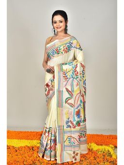 Ramshyam Collection - Womens Kantha Silk Embroidered Thread Work Cream Saree with Unstitched Blouse