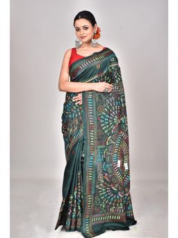 Ramshyam Collection - Womens Kantha Silk Printed Green Saree with Unstitched Blouse