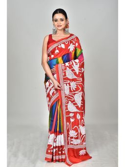 Ramshyam Collection - Womens Kantha Silk Embroidered Thread Work Red Saree with Unstitched Blouse