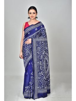 Ramshyam Collection - Womens Kantha Silk Embroidered Thread Work Blue Saree with Unstitched Blouse
