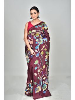 Ramshyam Collection - Womens Kantha Silk Embroidered Thread Work Maroon Saree with Unstitched Blouse