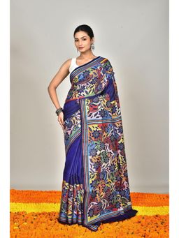 Ramshyam Collection - Womens Kantha Silk Embroidered Thread Work Blue Saree with Unstitched Blouse