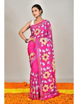 Ramshyam Collection - Womens Kantha Silk Embroidered Thread Work Pink Saree with Unstitched Blouse