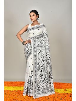 Ramshyam Collection - Womens Kantha Silk Embroidered Thread Work White Saree with Unstitched Blouse