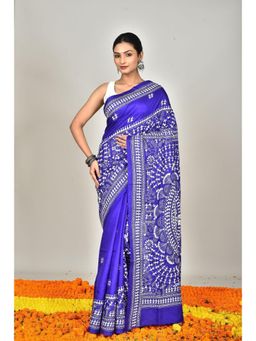 Ramshyam Collection - Womens Kantha Silk Printed Blue Saree with Unstitched Blouse