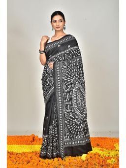 Ramshyam Collection - Womens Kantha Silk Printed Black Saree with Unstitched Blouse