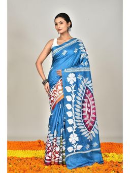 Ramshyam Collection - Womens Kantha Silk Embroidered Thread Work Blue Saree with Unstitched Blouse