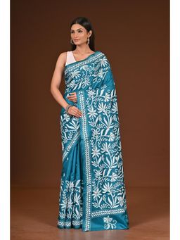 Ramshyam Collection - Womens Kantha Silk Embroidered Thread Work Blue Saree with Unstitched Blouse