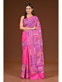 Ramshyam Collection - Womens Kantha Silk Embroidered Thread Work Pink Saree with Unstitched Blouse