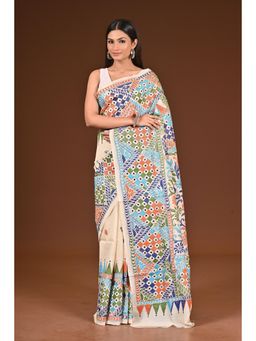 Ramshyam Collection - Womens Kantha Silk Embroidered Thread Work Beige Saree with Unstitched Blouse