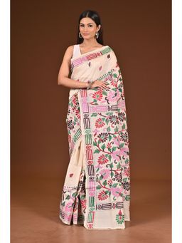 Ramshyam Collection - Womens Kantha Silk Embroidered Thread Work Beige Saree with Unstitched Blouse