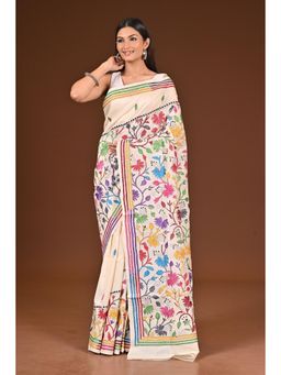 Ramshyam Collection - Womens Kantha Silk Embroidered Thread Work Beige Saree with Unstitched Blouse