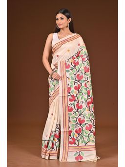 Ramshyam Collection - Womens Kantha Silk Floral Thread Work Beige Saree with Unstitched Blouse