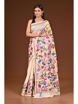 Ramshyam Collection - Womens Kantha Silk Embroidered Thread Work Beige Saree with Unstitched Blouse