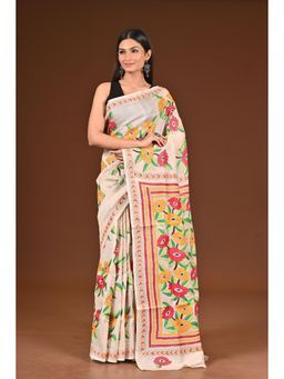 Ramshyam Collection - Womens Kantha Silk Embroidered Thread Work Beige Saree with Unstitched Blouse