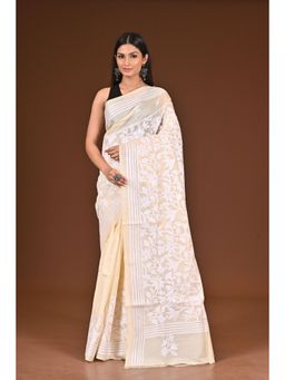 Ramshyam Collection - Womens Kantha Silk Embroidered Thread Work Beige Saree with Unstitched Blouse