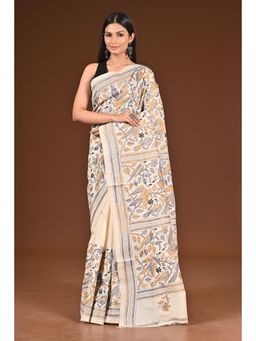 Ramshyam Collection - Womens Kantha Silk Embroidered Thread Work Cream Saree with Unstitched Blouse