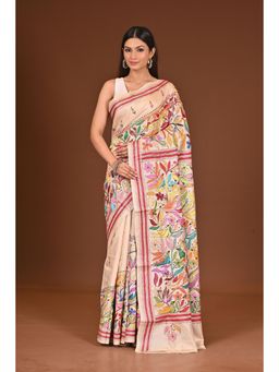 Ramshyam Collection - Womens Kantha Silk Embroidered Thread Work Beige Saree with Unstitched Blouse